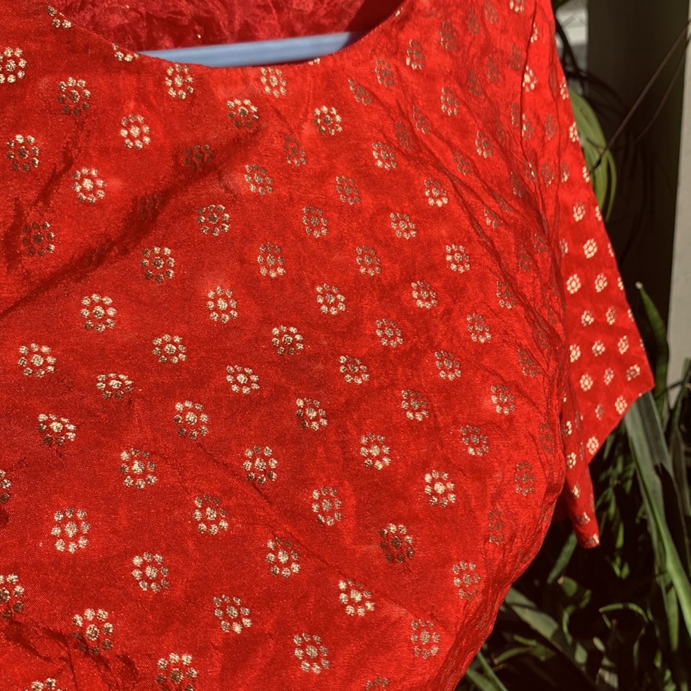 FIERY RED saree blouse with golden thread work. Full back. Zips on sides. - Picture 2 of 9